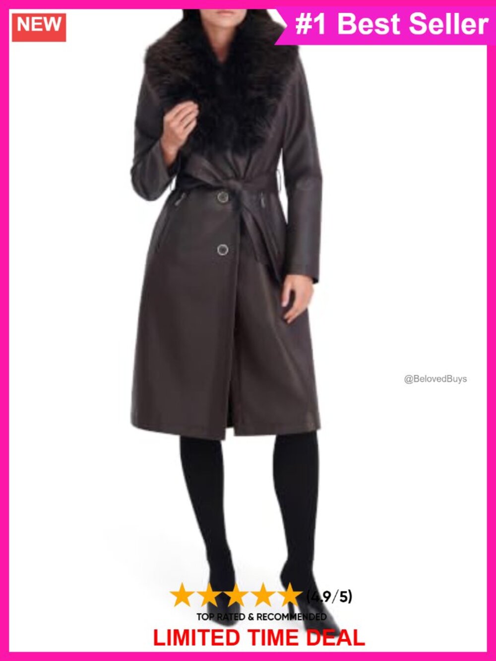 Faux Leather Faux Fur Belted Trench Coat Long Sleeve Fall